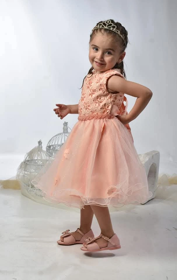 Niña con vestido rosa de fiesta junto a un caballo blanco